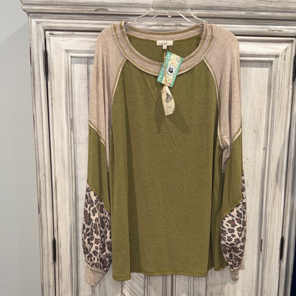 Easel Olive and Tan Long Sleeve Top with Leopard Accents